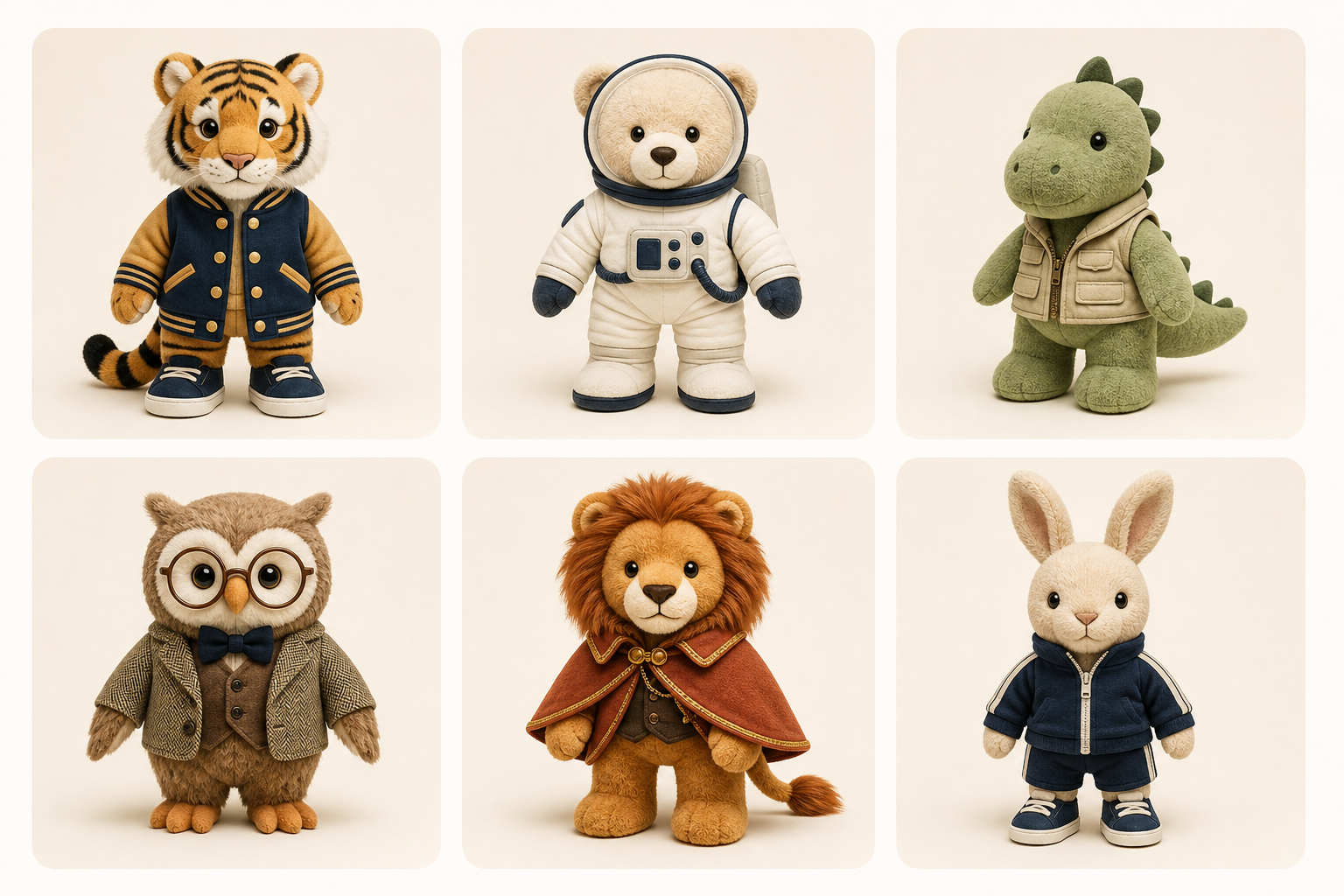 Six premium custom brand mascot concepts including a tiger, astronaut bear, dinosaur, owl, lion and rabbit