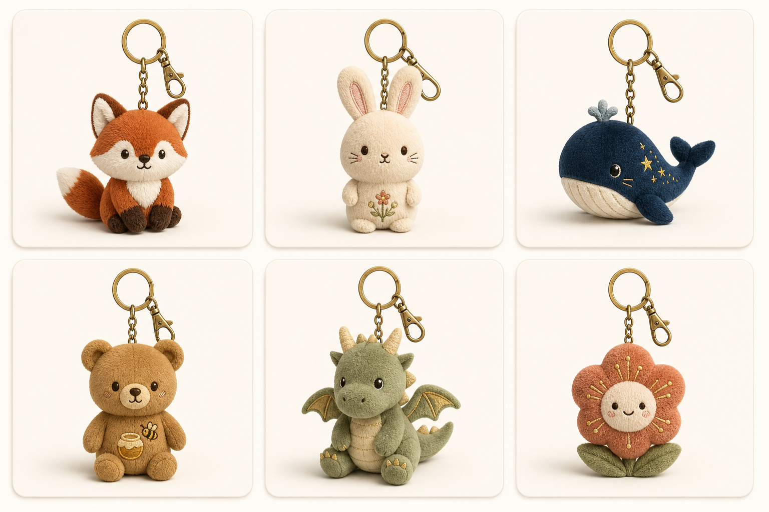 Six premium miniature plush keychain concepts with visible metal rings and clips