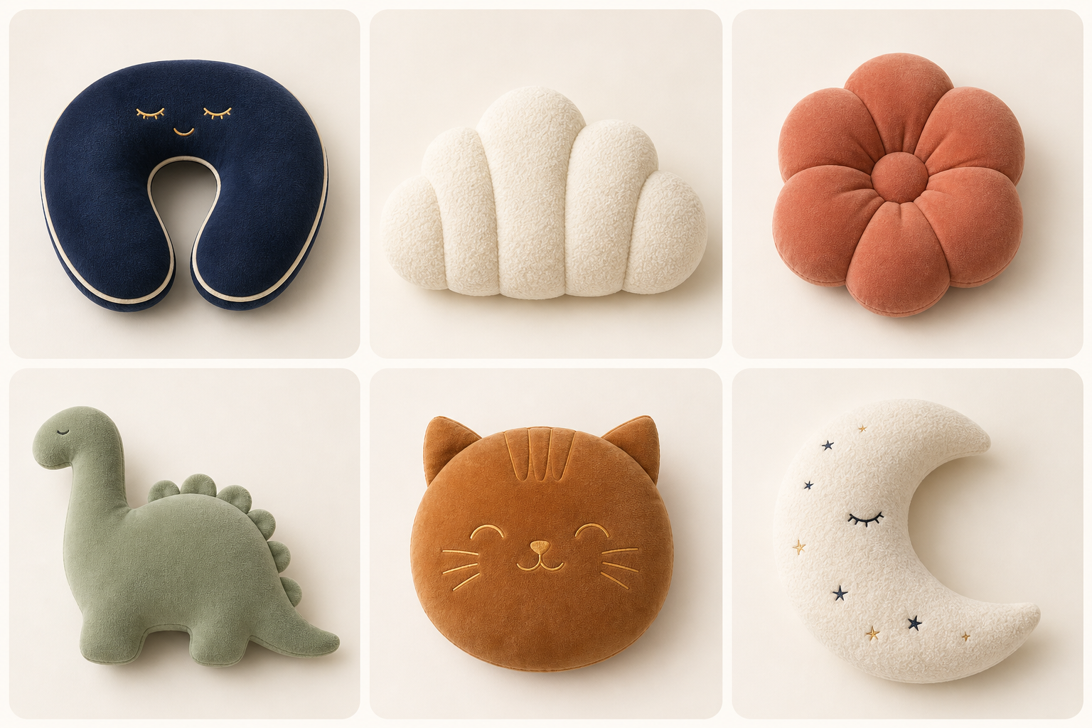 Six premium custom plush pillow concepts including a neck pillow, cloud, flower, dinosaur, cat and moon