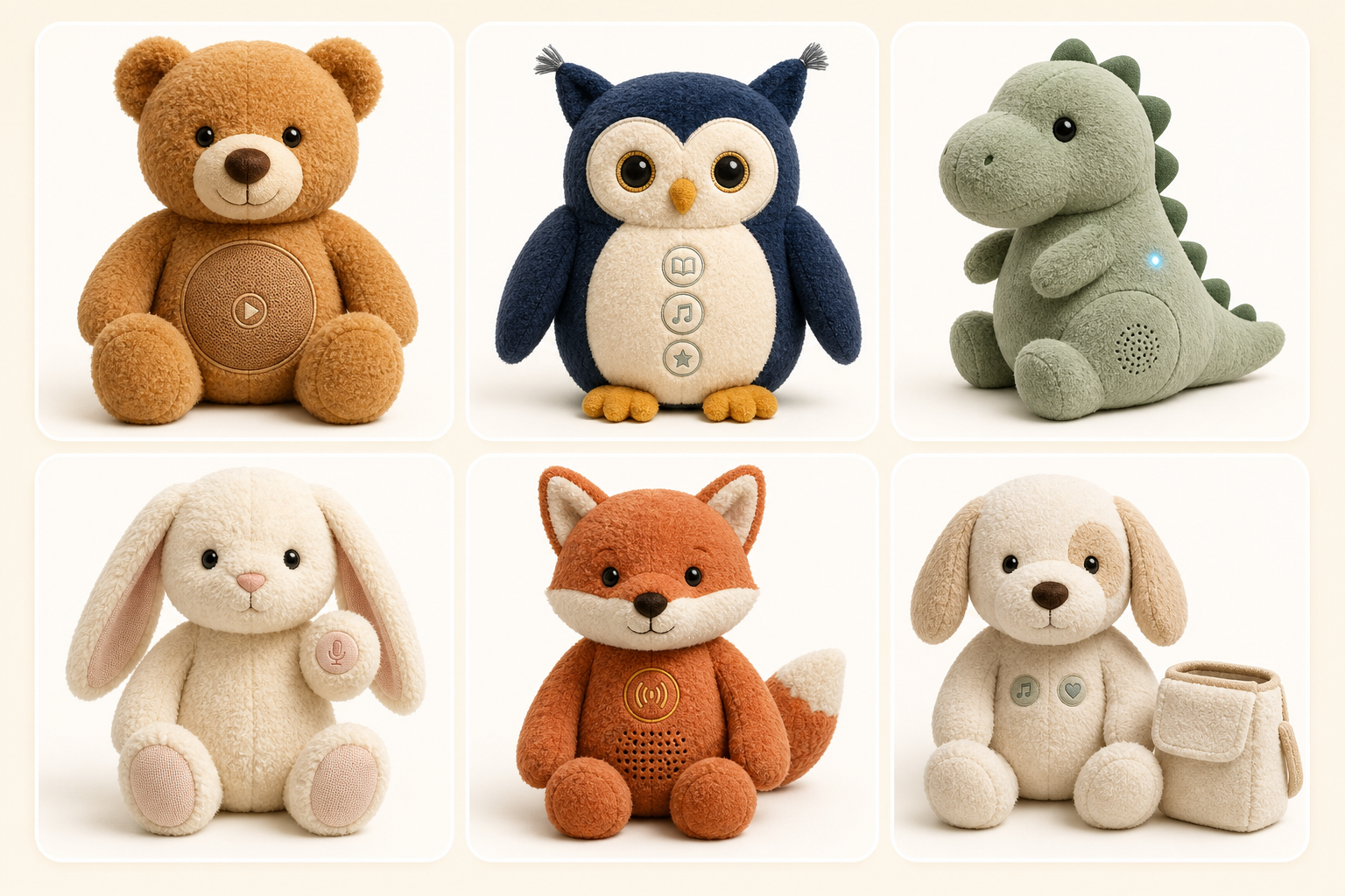 Six premium smart and talking plush concepts with integrated speakers, controls and status lights