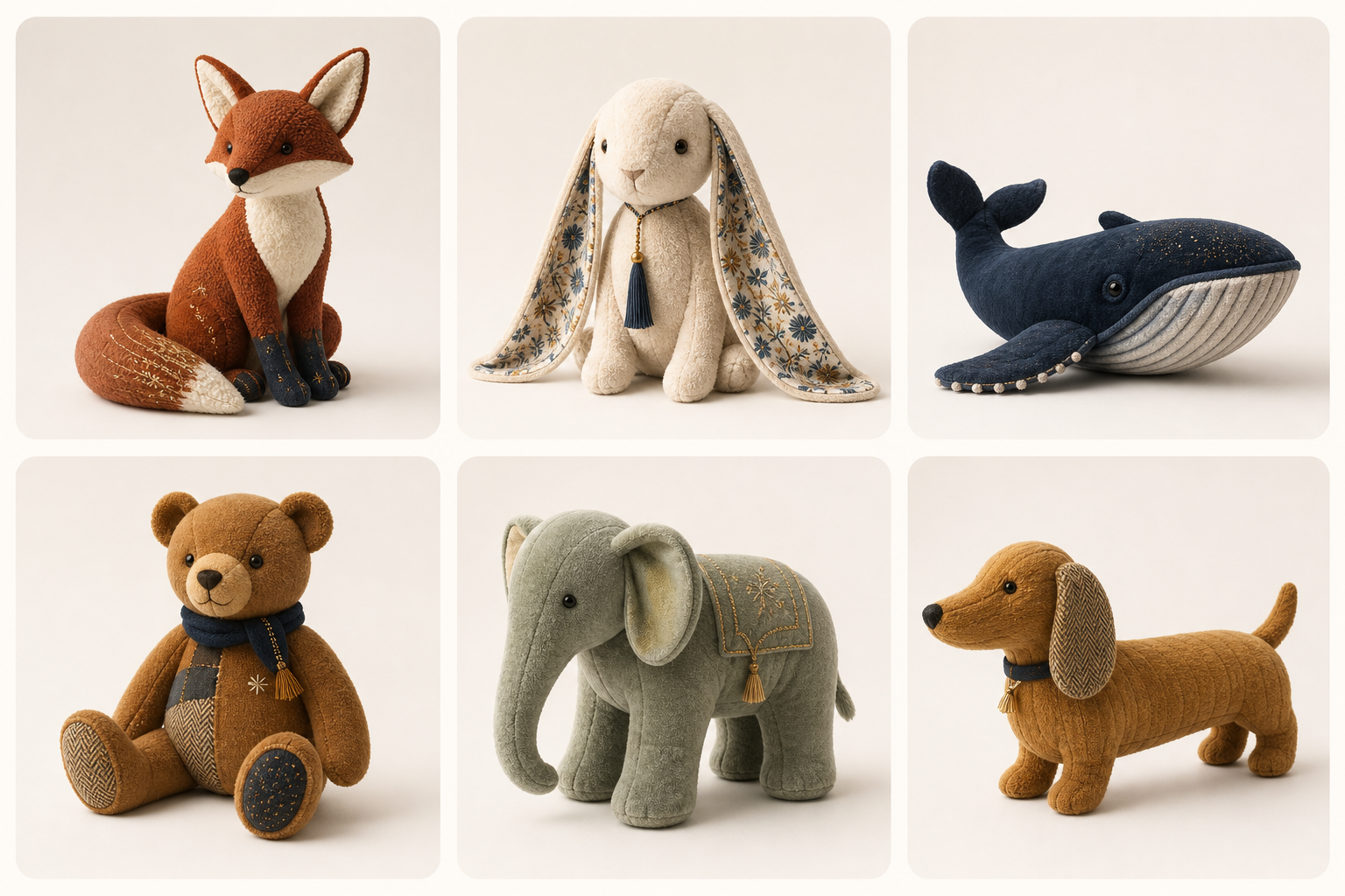 Six premium custom stuffed animal concepts including a fox, rabbit, whale, bear, elephant and dachshund